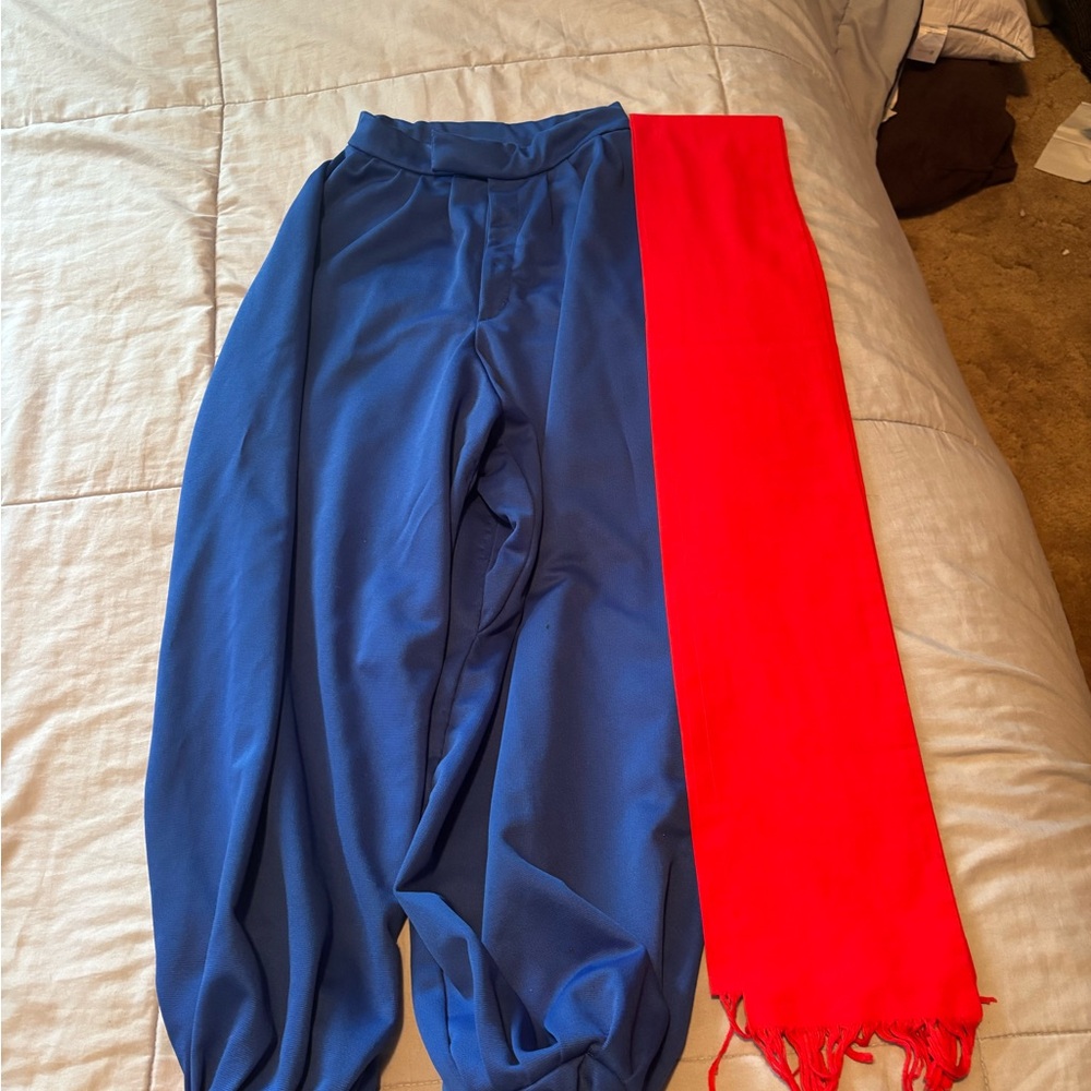 Blue and Red Pants with Fringe Detail